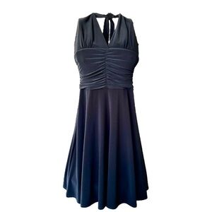 WHITEHOUSEBLACKMARKET, BLACK HALTER DRESS. SHIRRED BODICE,STRETCH FABRIC.SIZE S